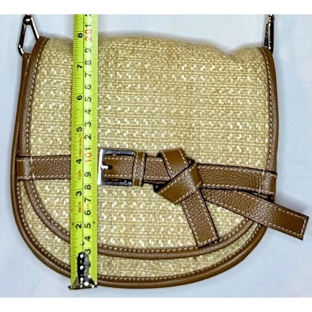 J. Jill Woven Straw Brown Leather‎ Crossbody Saddle Bag Summer Chic Straw Trend
